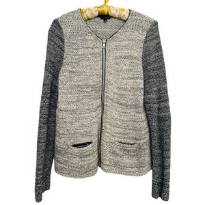 Talbots Womens Full Zip Cardigan Sweater Ivory Black Faux Trim Sz M Career Prep